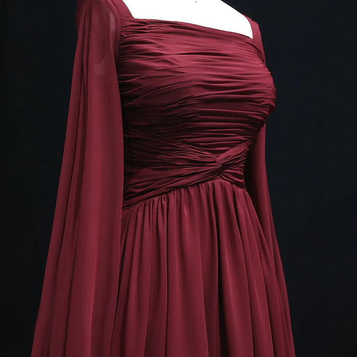 Elegant Red Chiffon Arabic Evening Dresses with Cape Sleeves SF032