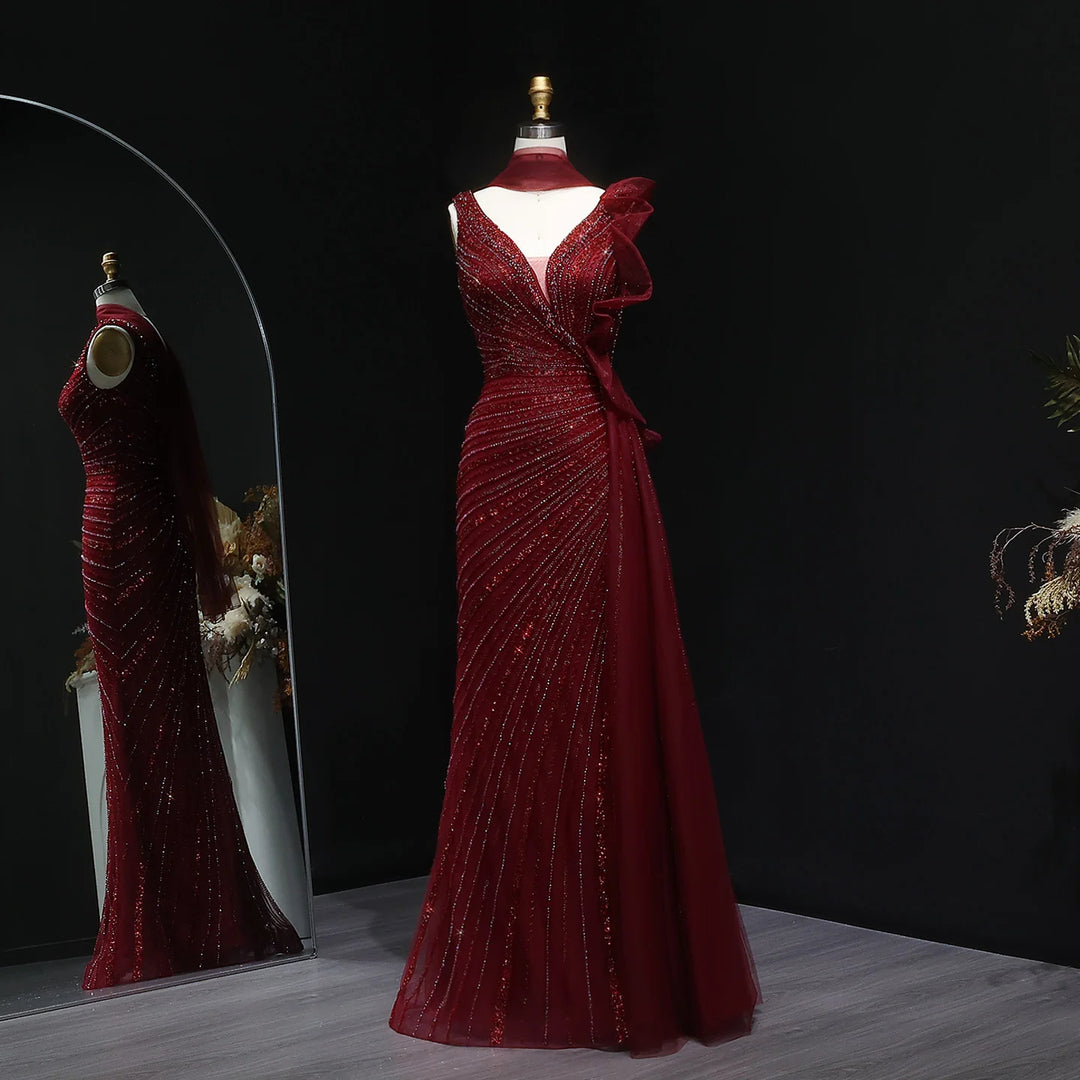 Luxury Burgundy Mermaid Evening Dress with Sparkling Beads, Scarf and Overskirt SS189