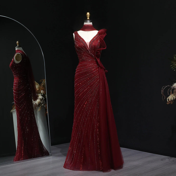Luxury Burgundy Mermaid Evening Dress with Sparkling Beads, Scarf and Overskirt SS189