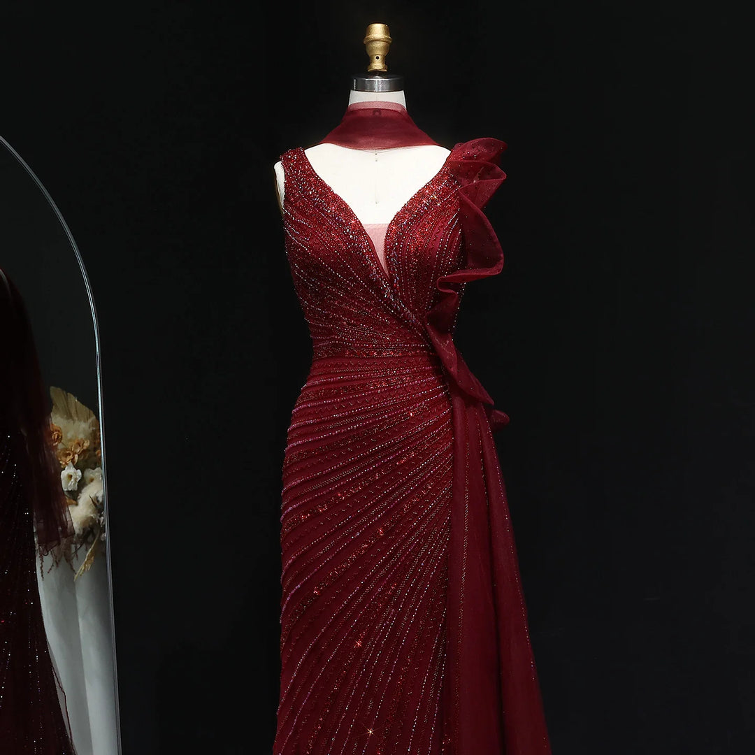Luxury Burgundy Mermaid Evening Dress with Sparkling Beads, Scarf and Overskirt SS189