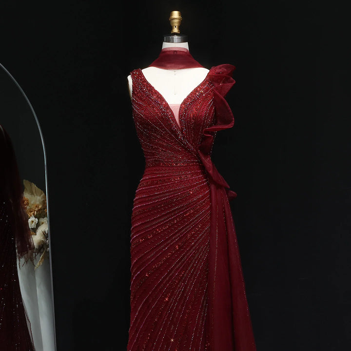 Luxury Burgundy Mermaid Evening Dress with Sparkling Beads, Scarf and Overskirt SS189