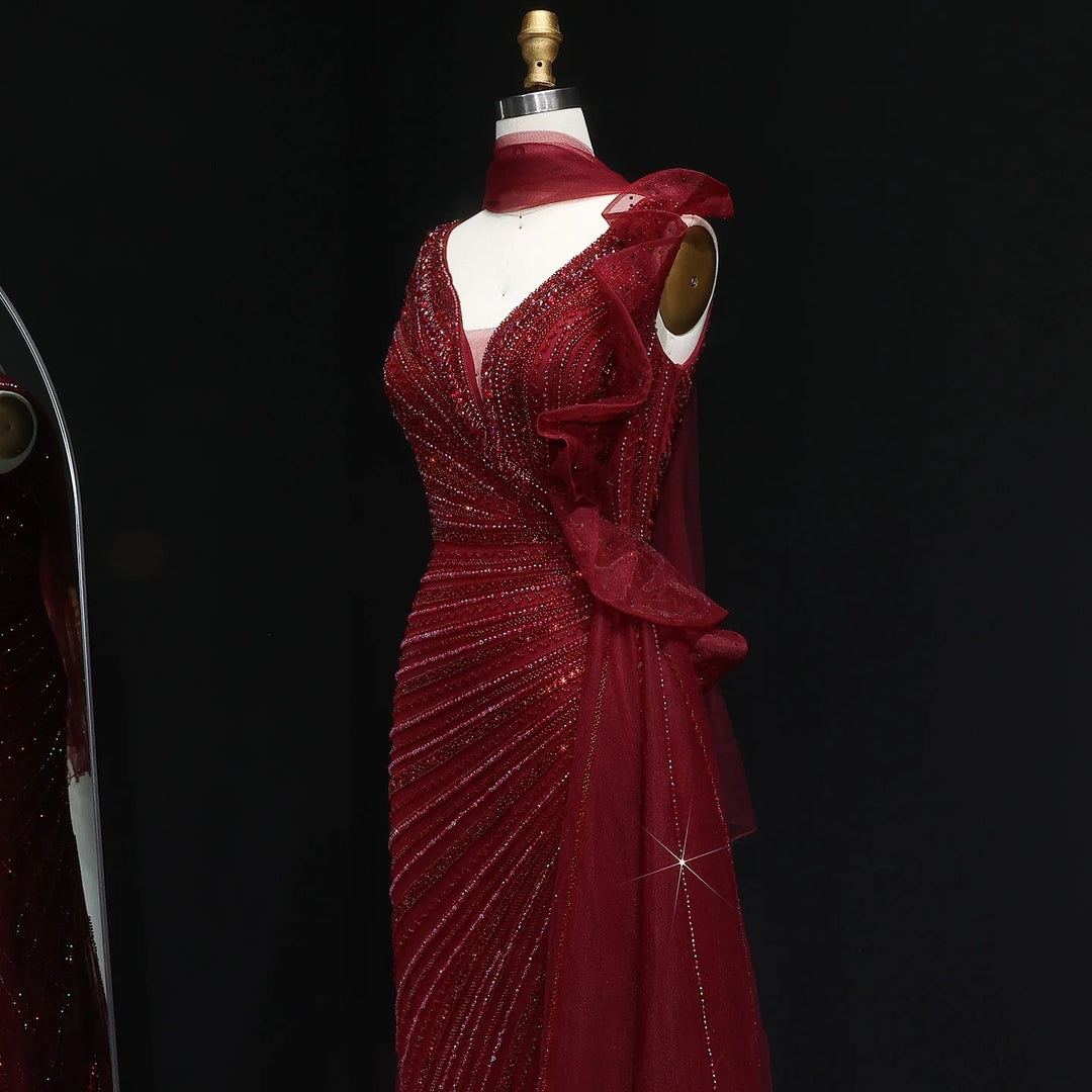 Luxury Burgundy Mermaid Evening Dress with Sparkling Beads, Scarf and Overskirt SS189