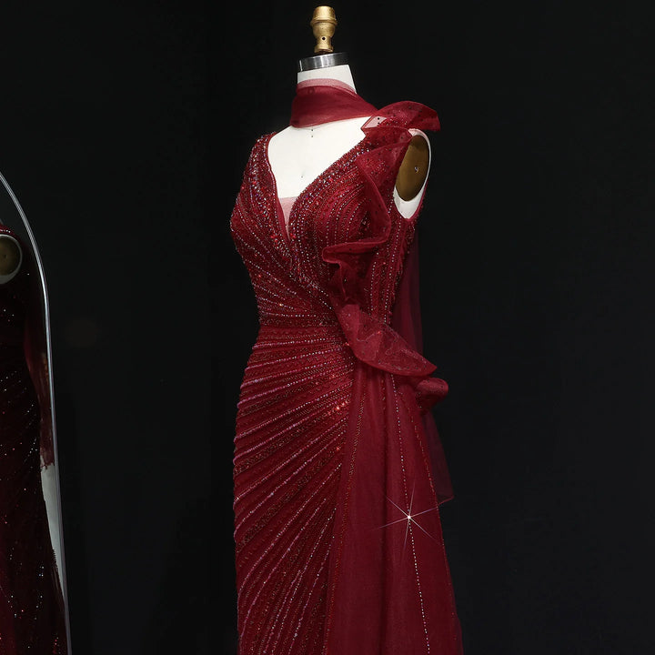 Luxury Burgundy Mermaid Evening Dress with Sparkling Beads, Scarf and Overskirt SS189