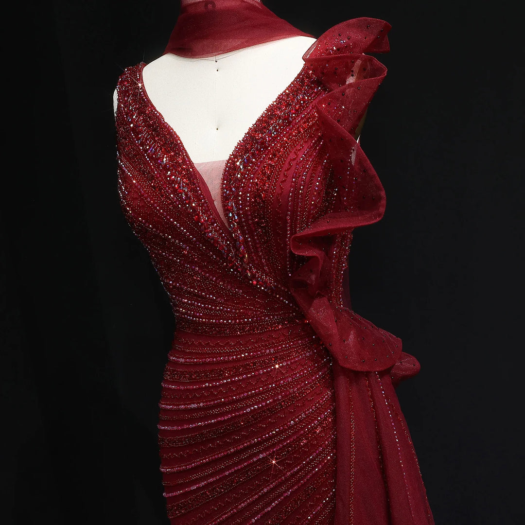 Luxury Burgundy Mermaid Evening Dress with Sparkling Beads, Scarf and Overskirt SS189