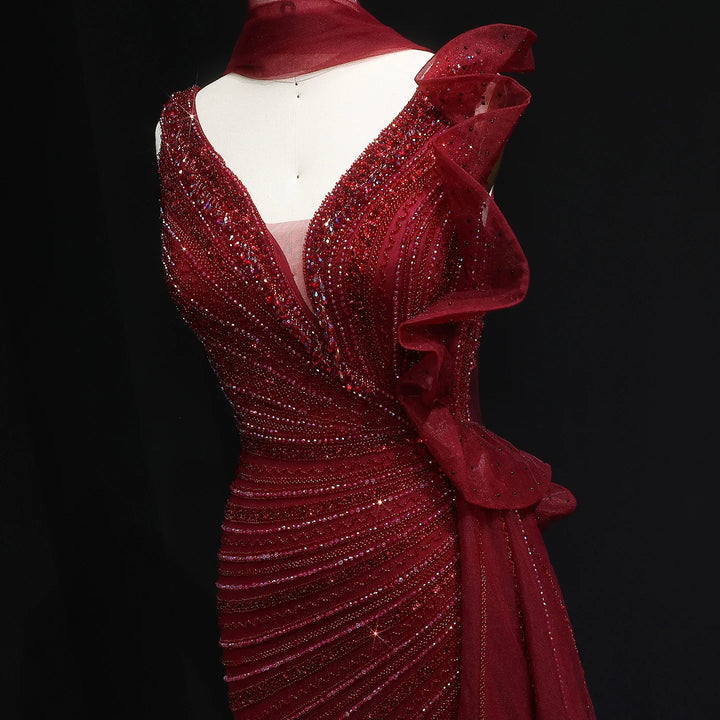 Luxury Burgundy Mermaid Evening Dress with Sparkling Beads, Scarf and Overskirt SS189
