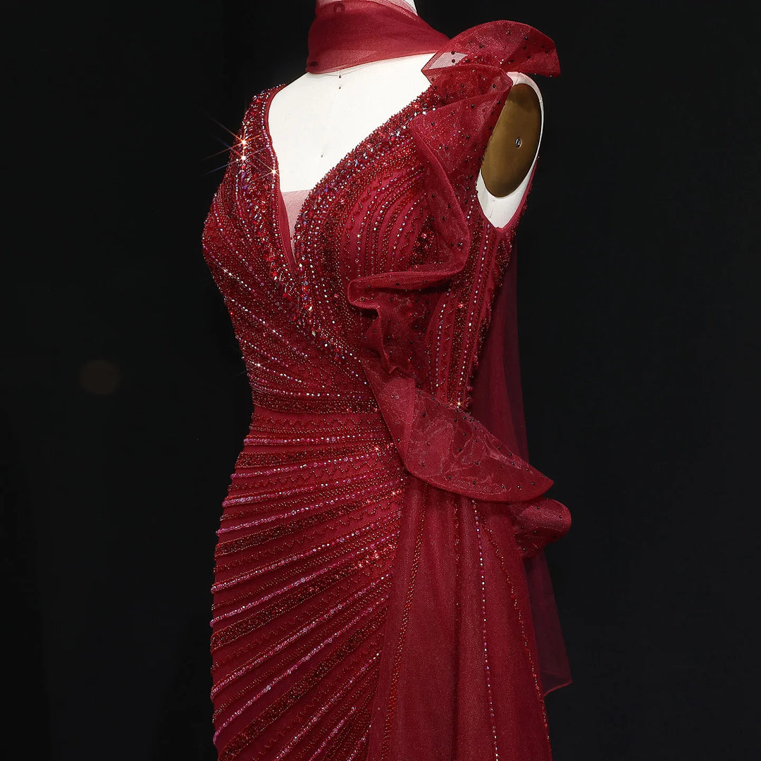 Luxury Burgundy Mermaid Evening Dress with Sparkling Beads, Scarf and Overskirt SS189