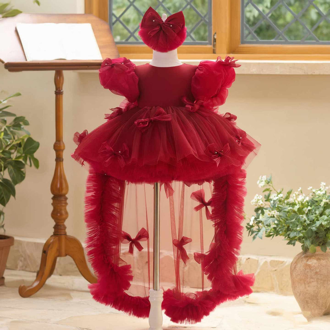 Butterfly Bow Puff Sleeve High-Low Flower Girl Dress with Tulle Train J508
