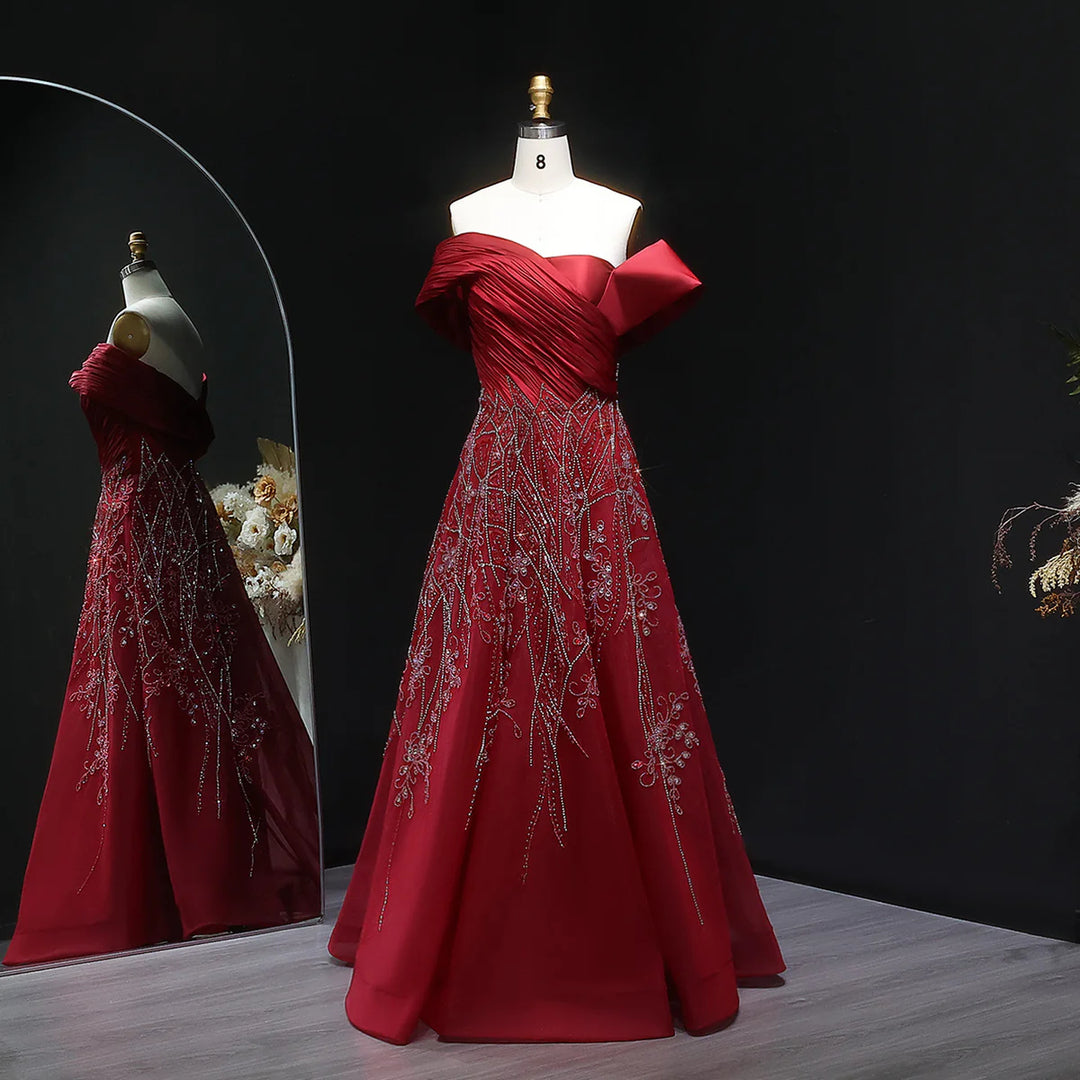 Glamorous Burgundy Off Shoulder Beaded Prom Dress SS582