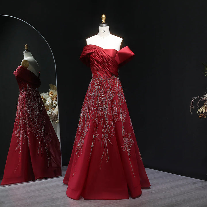 Glamorous Burgundy Off Shoulder Beaded Prom Dress SS582