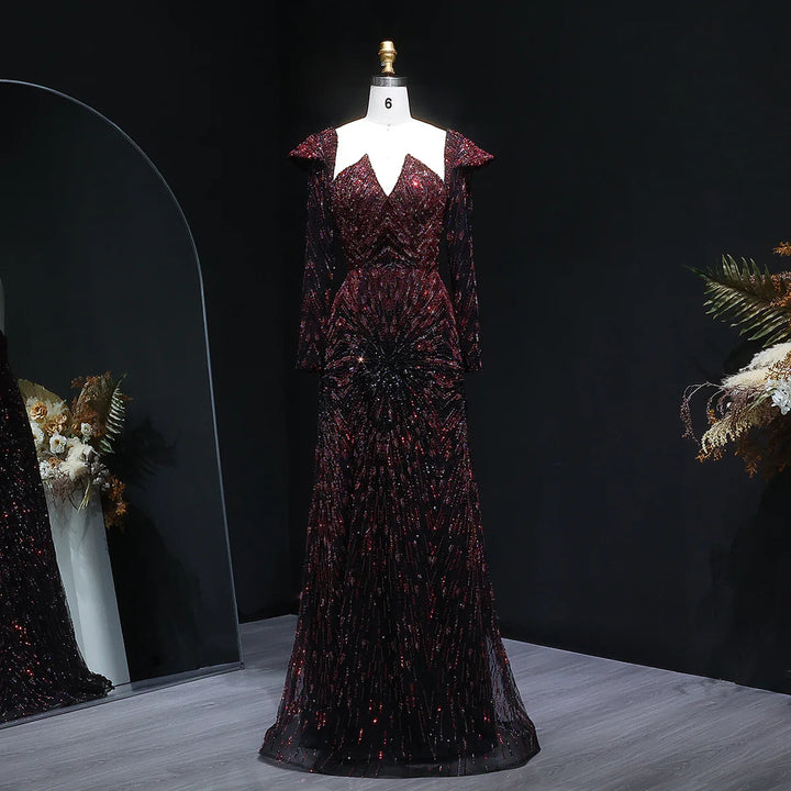 Elegant Burgundy Beaded Evening Dress with Long Sleeves SS091