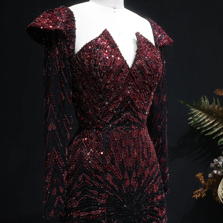 Elegant Burgundy Beaded Evening Dress with Long Sleeves SS091
