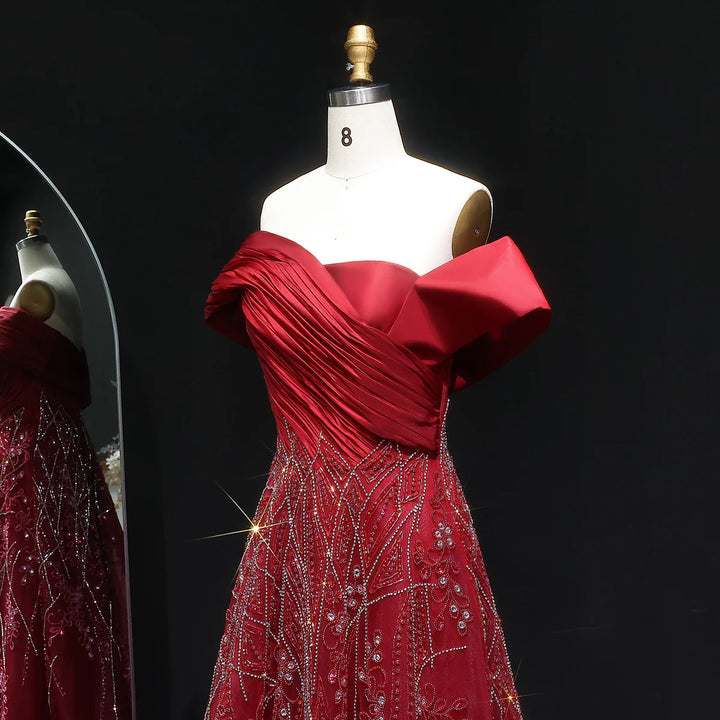 Glamorous Burgundy Off Shoulder Beaded Prom Dress SS582