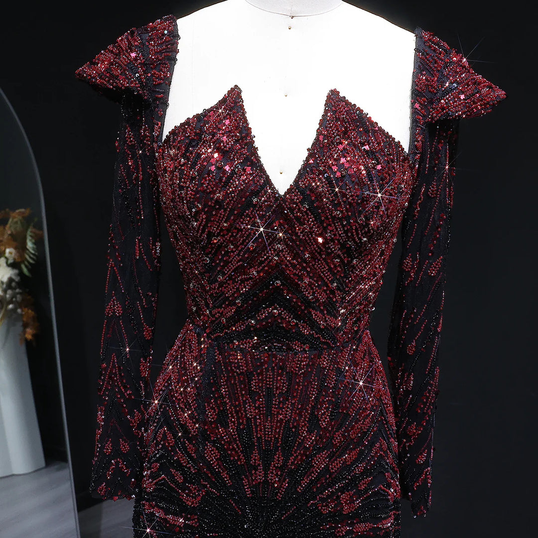 Elegant Burgundy Beaded Evening Dress with Long Sleeves SS091
