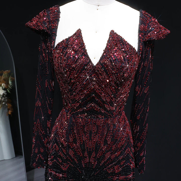 Elegant Burgundy Beaded Evening Dress with Long Sleeves SS091