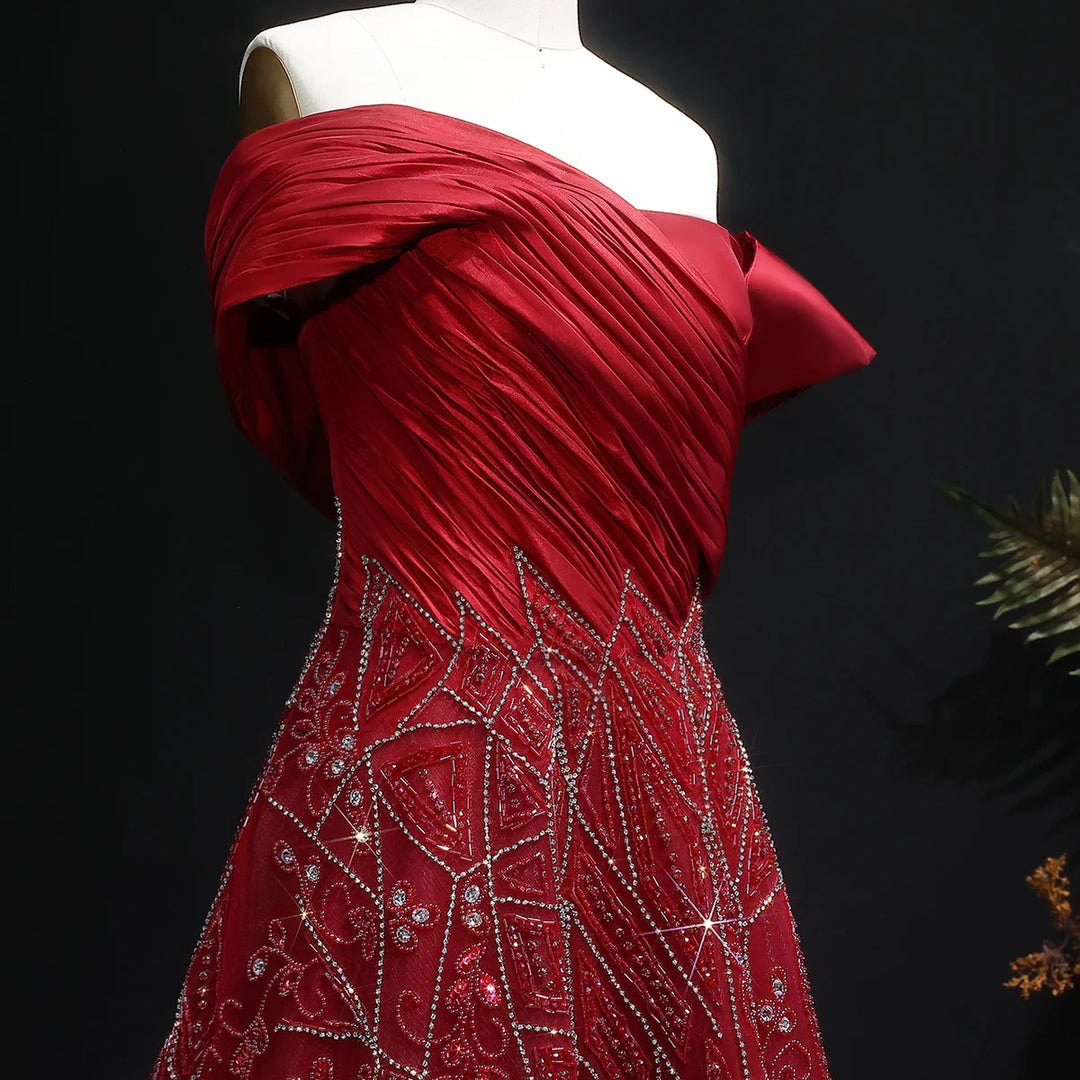 Glamorous Burgundy Off Shoulder Beaded Prom Dress SS582