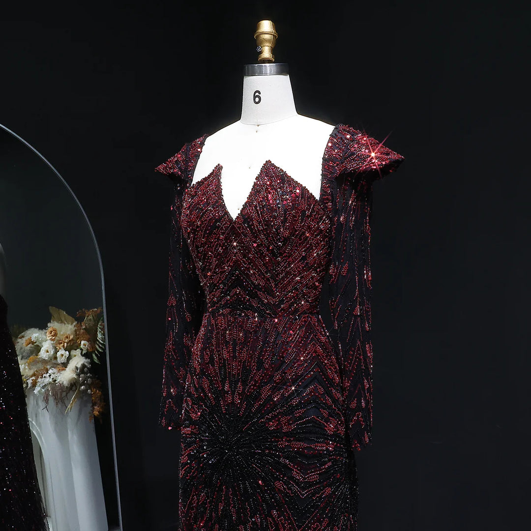 Elegant Burgundy Beaded Evening Dress with Long Sleeves SS091