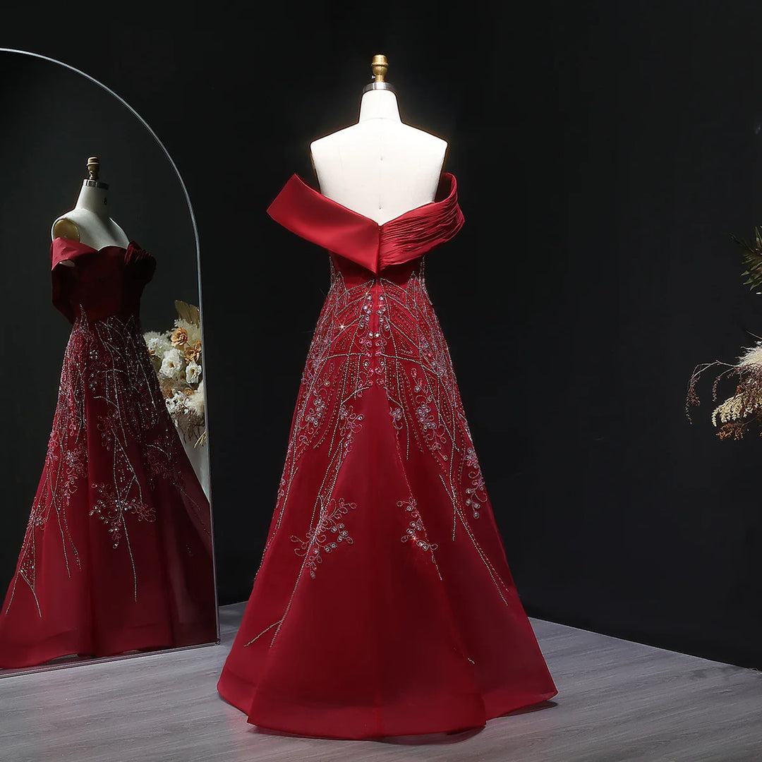 Glamorous Burgundy Off Shoulder Beaded Prom Dress SS582