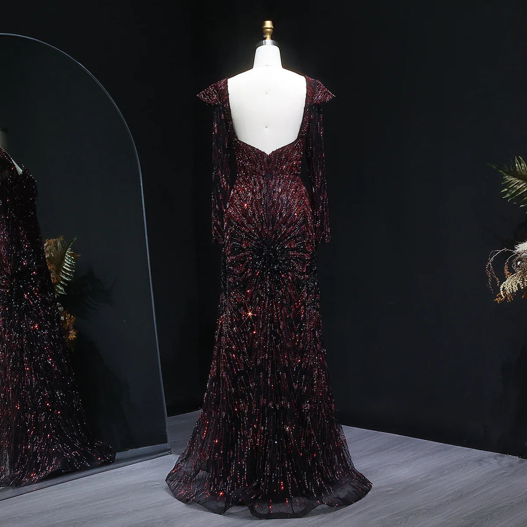 Elegant Burgundy Beaded Evening Dress with Long Sleeves SS091