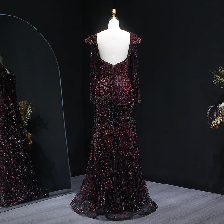 Elegant Burgundy Beaded Evening Dress with Long Sleeves SS091