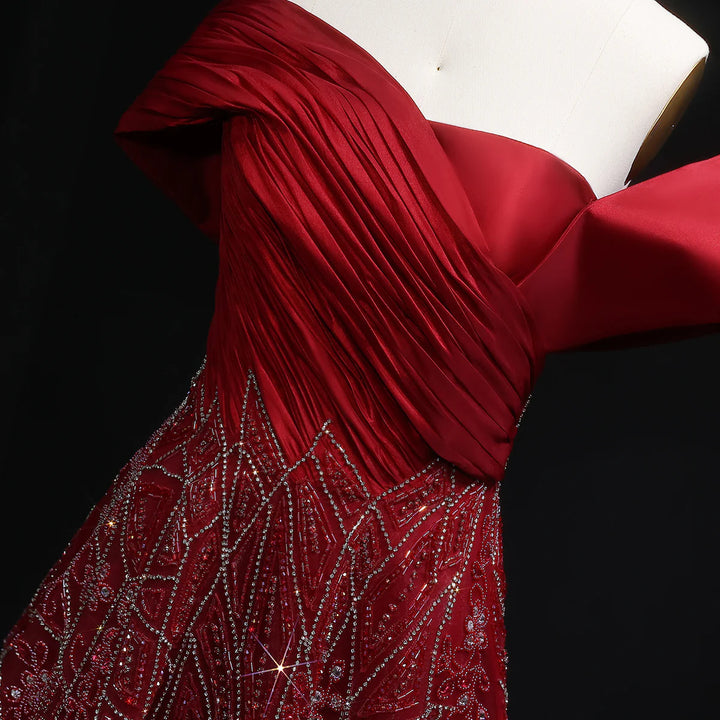 Glamorous Burgundy Off Shoulder Beaded Prom Dress SS582