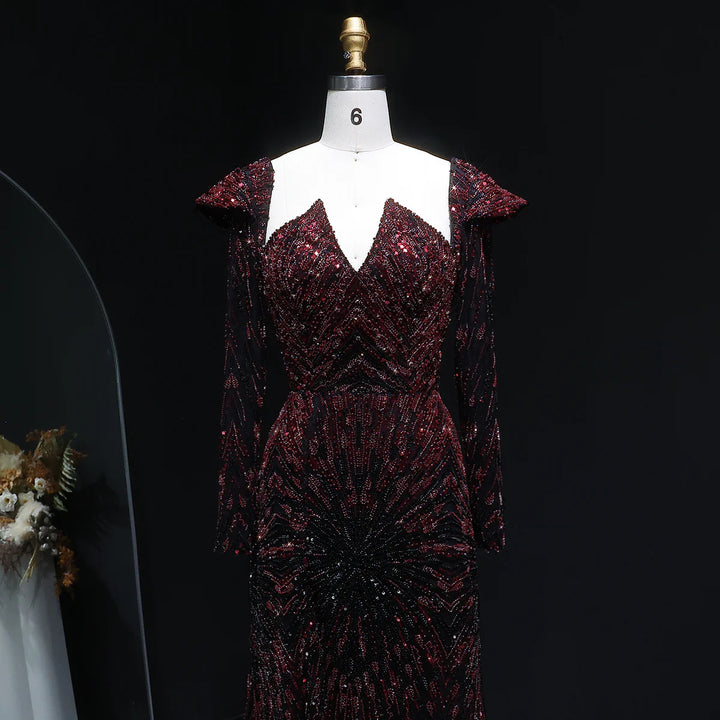Elegant Burgundy Beaded Evening Dress with Long Sleeves SS091