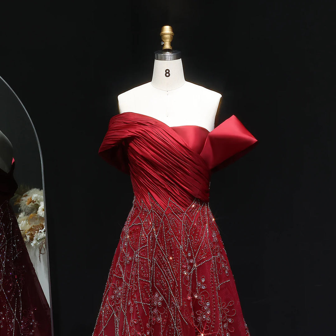 Glamorous Burgundy Off Shoulder Beaded Prom Dress SS582