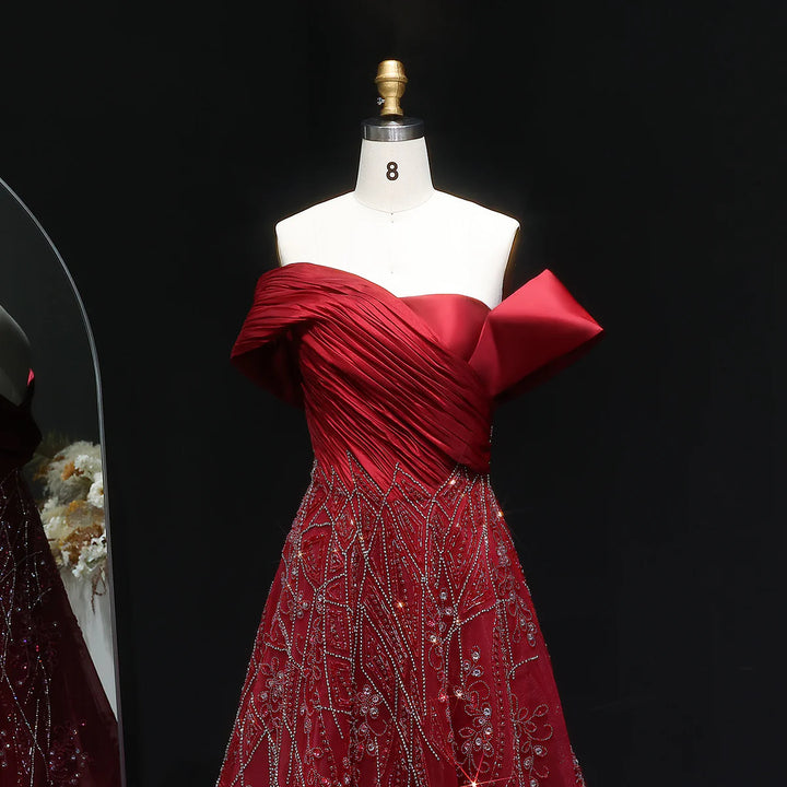 Glamorous Burgundy Off Shoulder Beaded Prom Dress SS582