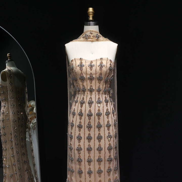 Luxury Beaded Nude Strapless Evening Dress with Scarf SS229