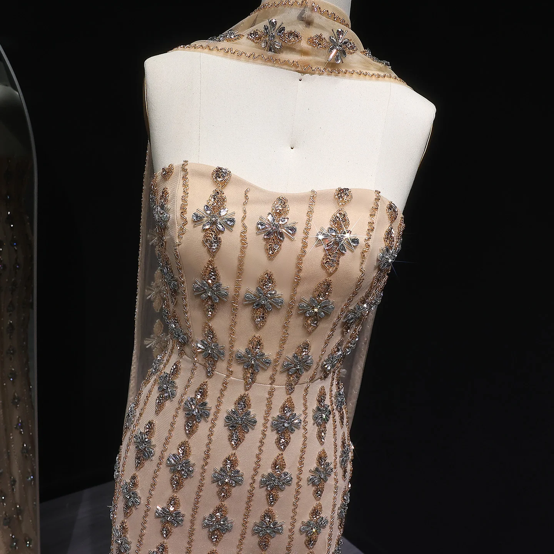 Luxury Beaded Nude Strapless Evening Dress with Scarf SS229