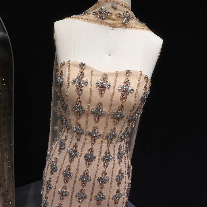 Luxury Beaded Nude Strapless Evening Dress with Scarf SS229