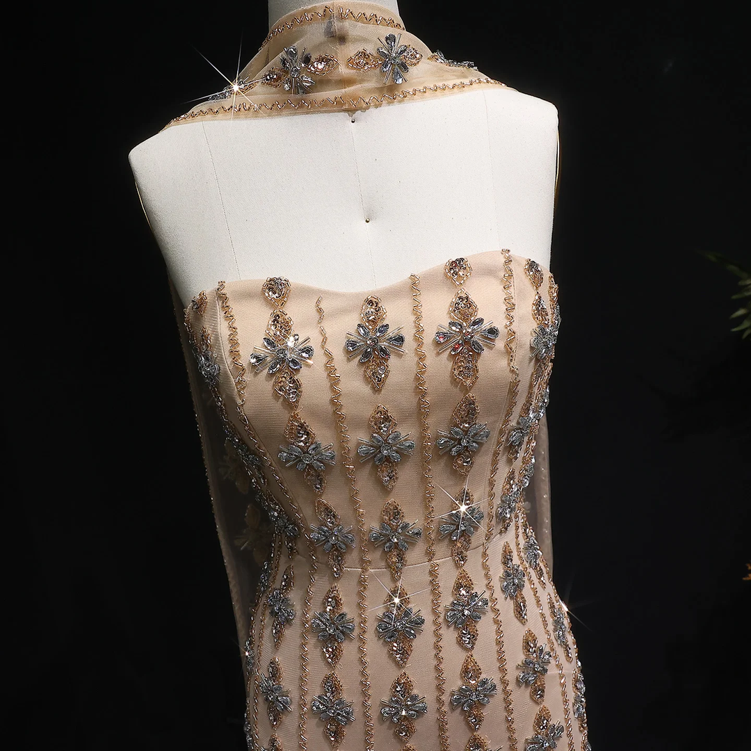 Luxury Beaded Nude Strapless Evening Dress with Scarf SS229