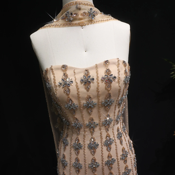 Luxury Beaded Nude Strapless Evening Dress with Scarf SS229