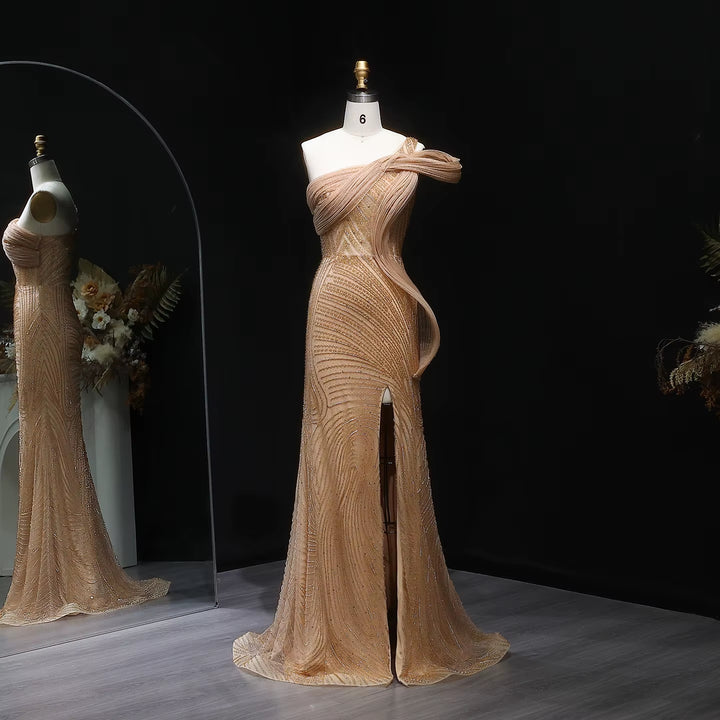 Elegant Beaded Slit Evening Dress with Sparkling Crystals SS088