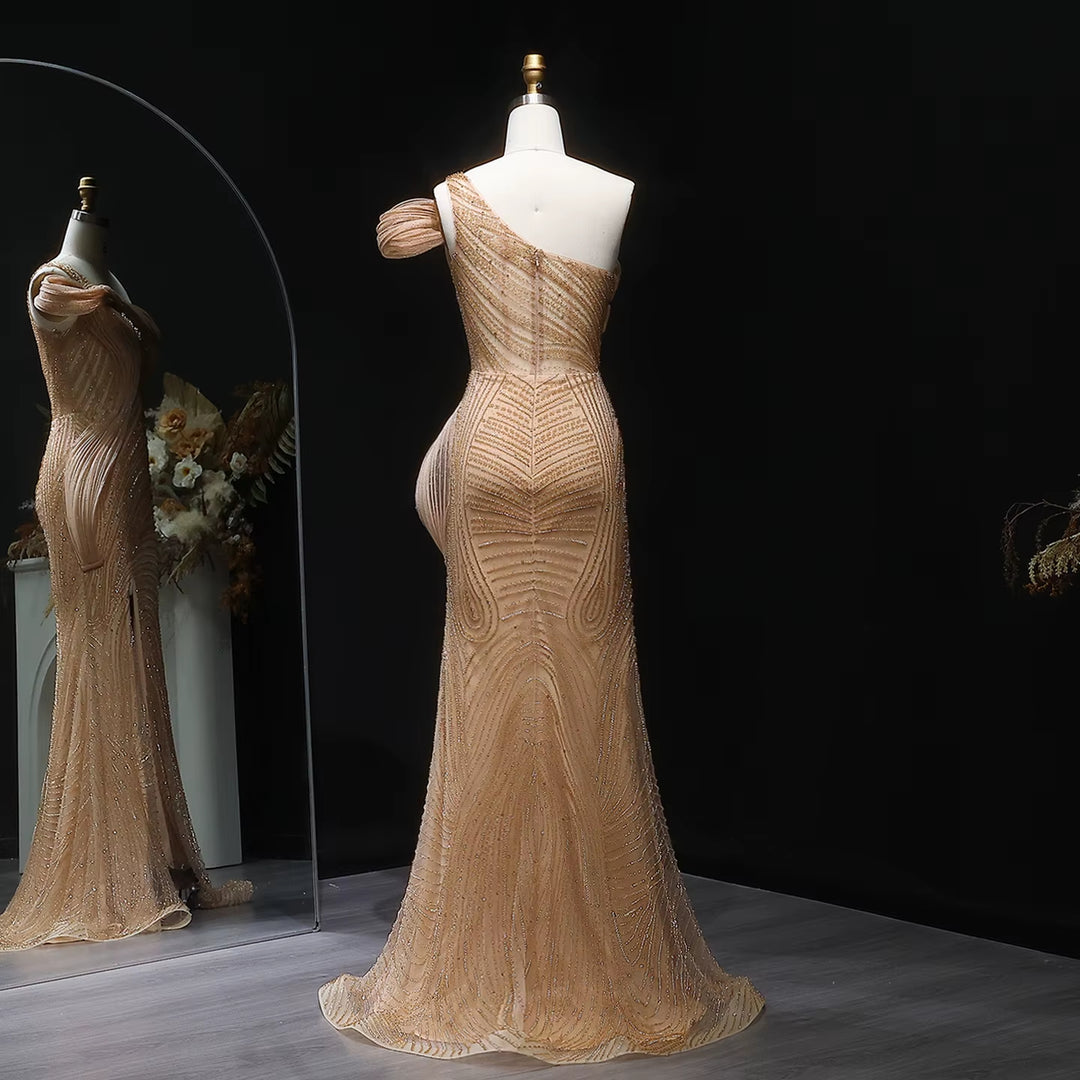 Elegant Beaded Slit Evening Dress with Sparkling Crystals SS088