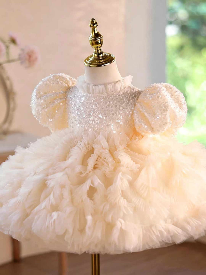 Champagne Sequin Puff Sleeve Ruffle Girls Birthday Dress D129