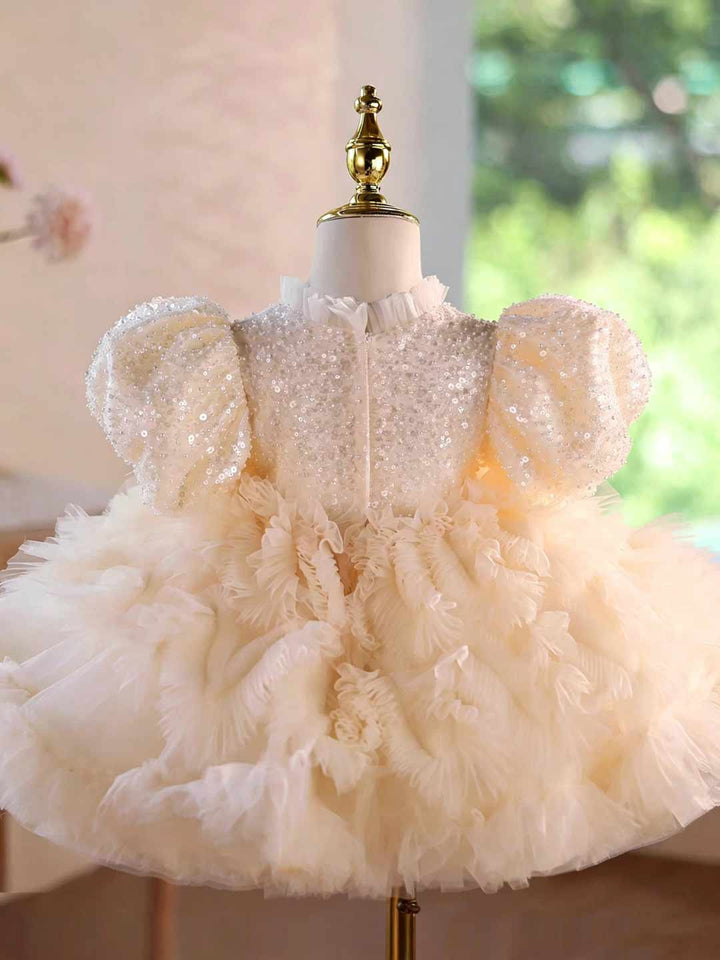 Champagne Sequin Puff Sleeve Ruffle Girls Birthday Dress D129
