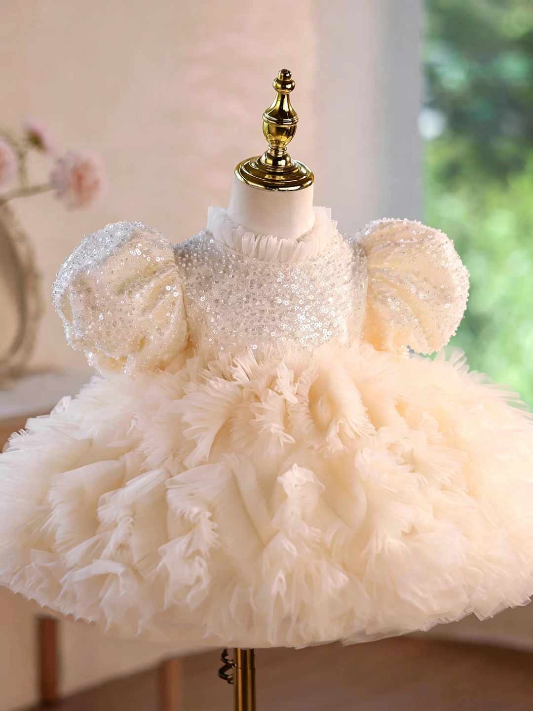 Champagne Sequin Puff Sleeve Ruffle Girls Birthday Dress D129