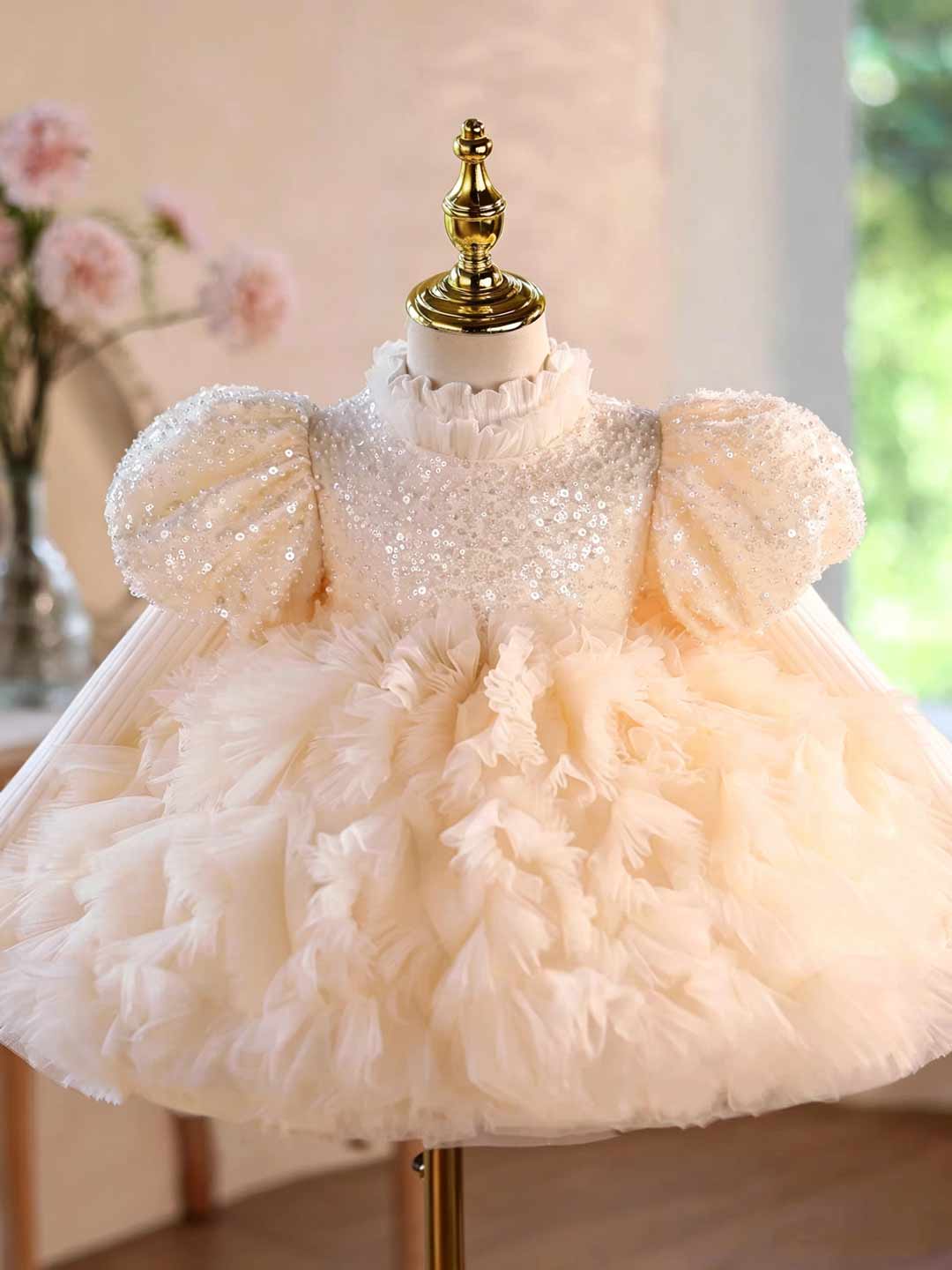 Champagne Sequin Puff Sleeve Ruffle Girls Birthday Dress D129