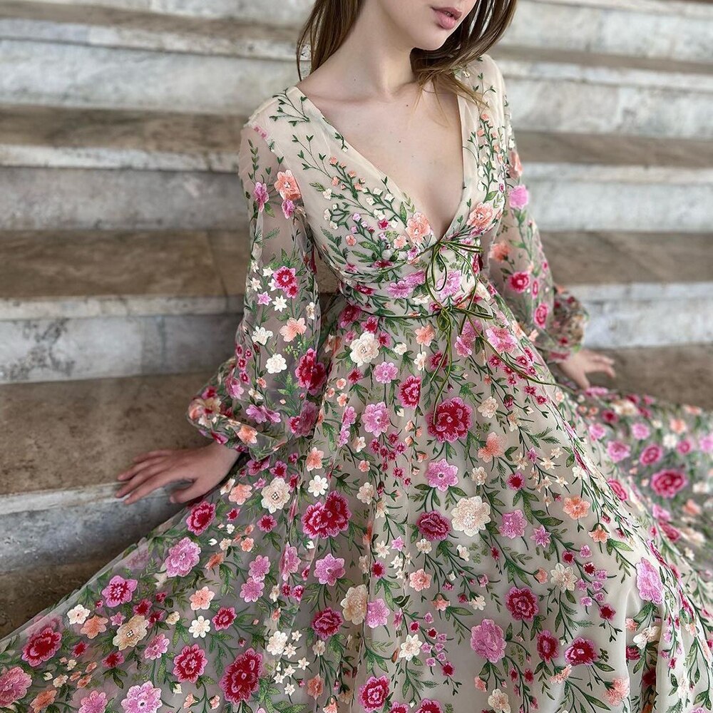 Champagne Embroidery Evening Dresses 2023 Garden Floral Tulle A-line Formal Prom Dress for Women Wedding Party DreamyVow Champagne Embroidery Evening Dresses 2023 Garden Floral Tulle A-line Formal Prom Dress for Women Wedding Party DreamyVow