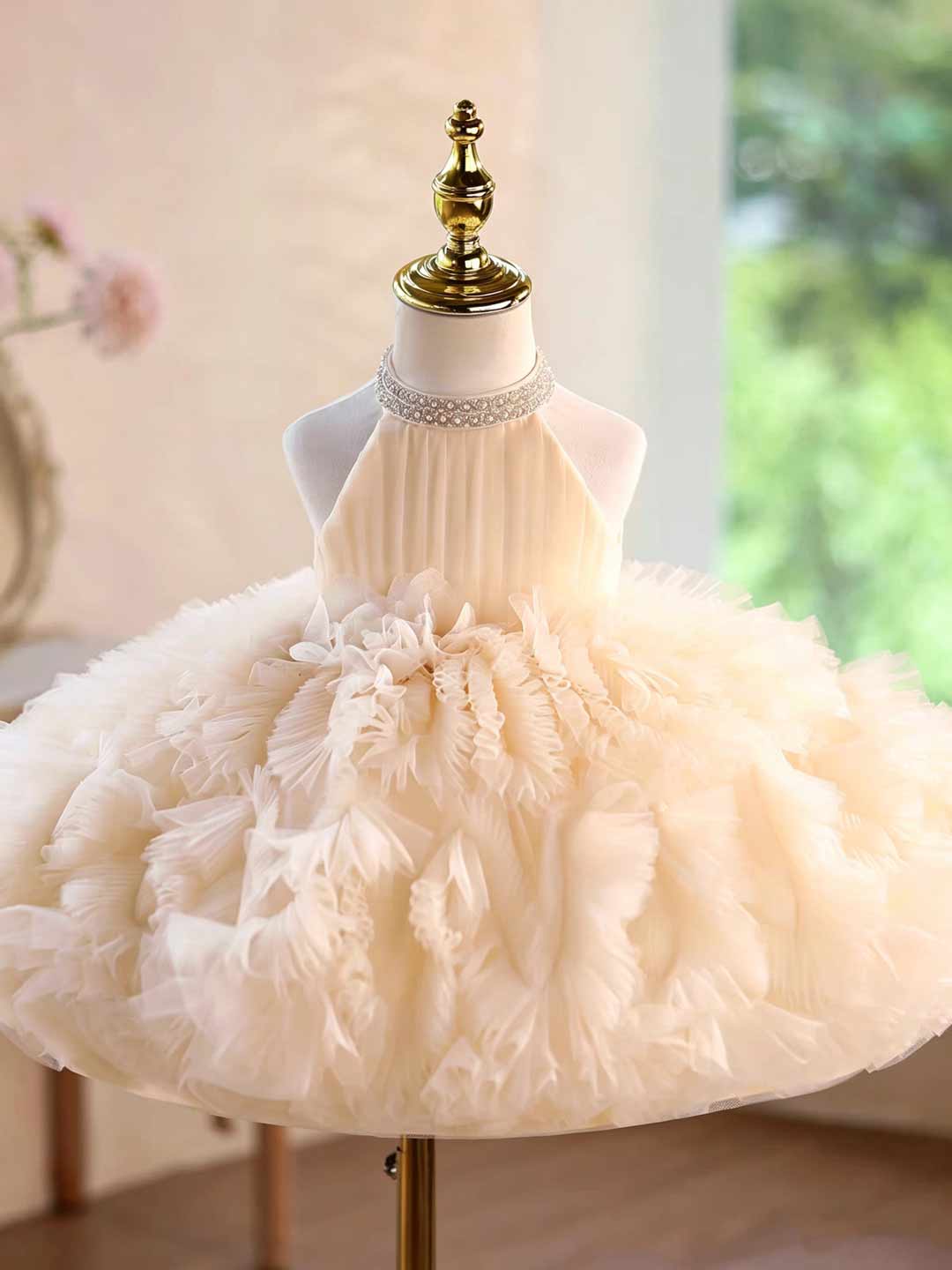 Pearl Halter Ruffle Tulle Girls Pageant Dress D010