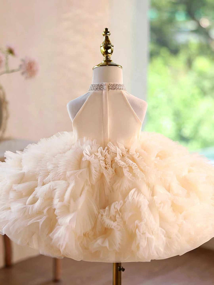 Pearl Halter Ruffle Tulle Girls Pageant Dress D010