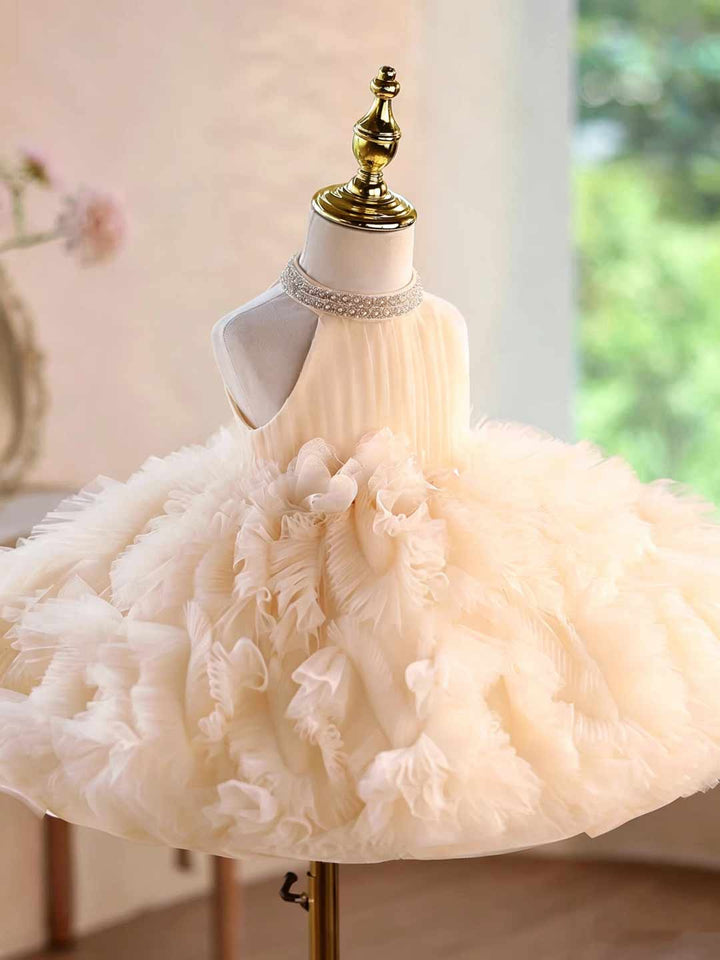 Pearl Halter Ruffle Tulle Girls Pageant Dress D010