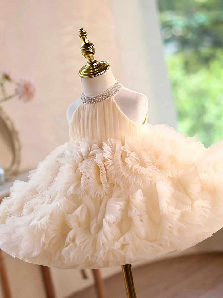 Pearl Halter Ruffle Tulle Girls Pageant Dress D010