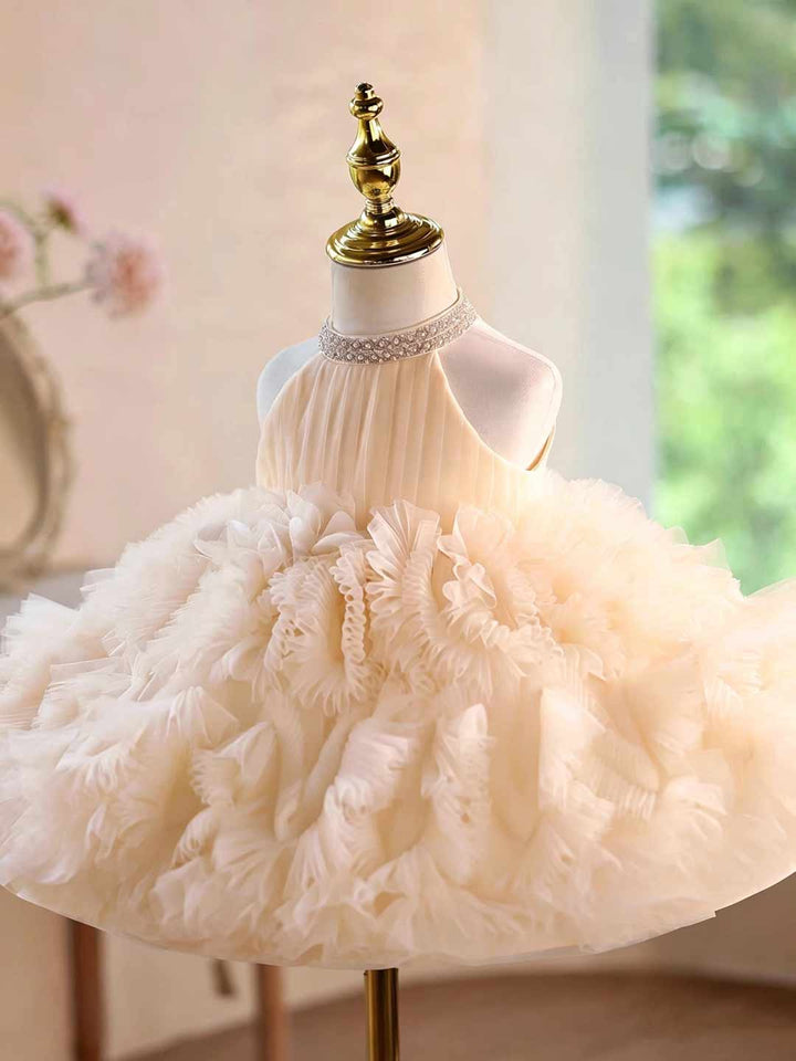 Pearl Halter Ruffle Tulle Girls Pageant Dress D010