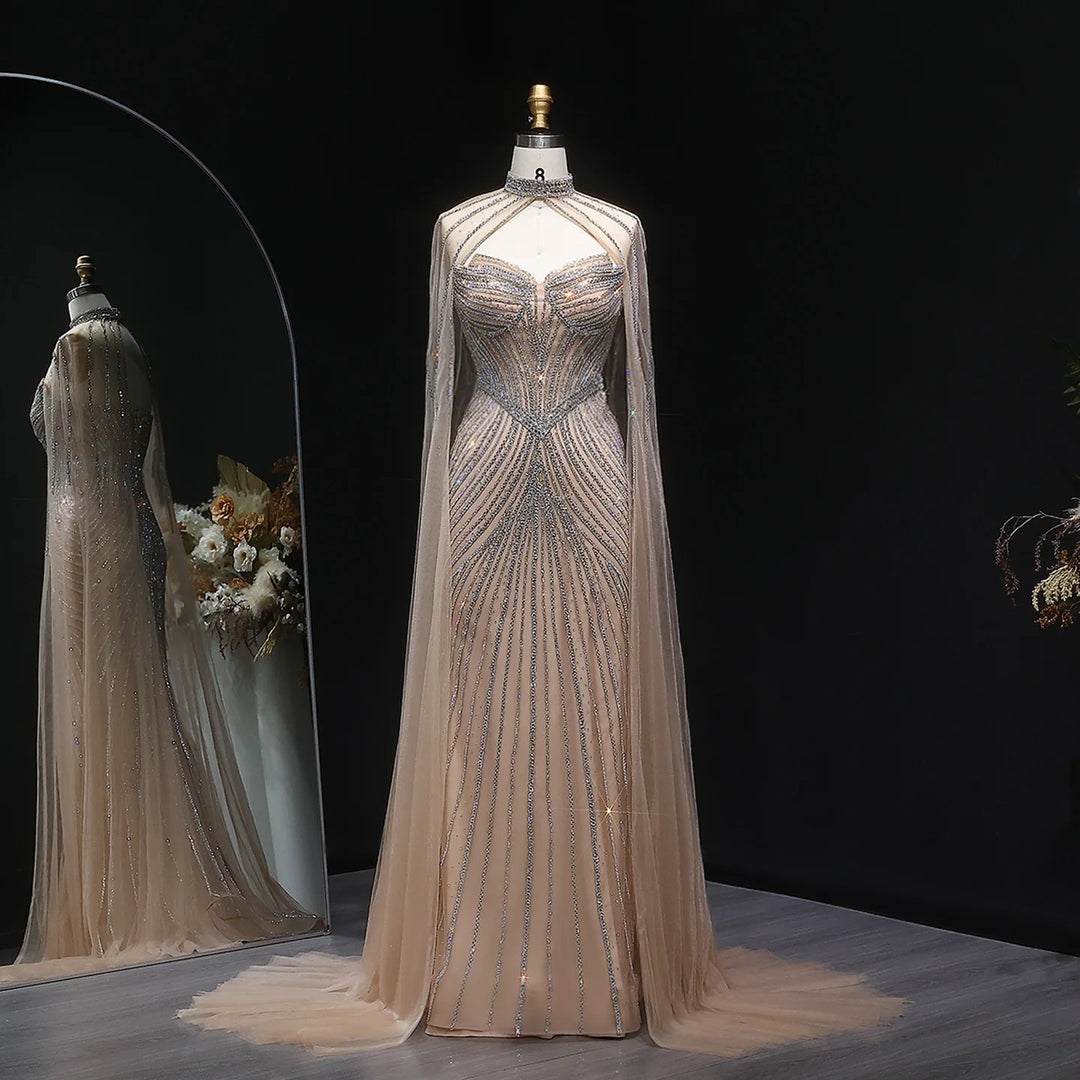 Elegant Pink Mermaid Evening Dress with Crystals Cape SS017