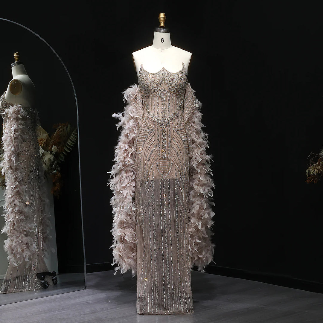 Luxury Champagne Beaded Evening Dress with Feather Shawl SS067
