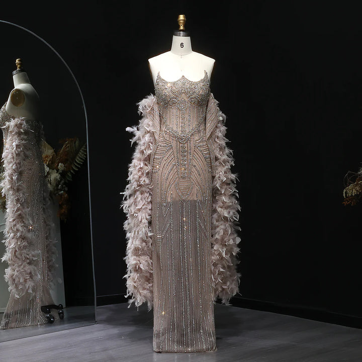 Luxury Champagne Beaded Evening Dress with Feather Shawl SS067
