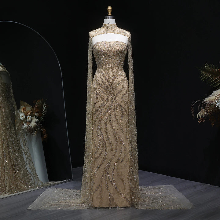 Glamorous Beaded Evening Dress with Flowing Cape Sleeves SS663