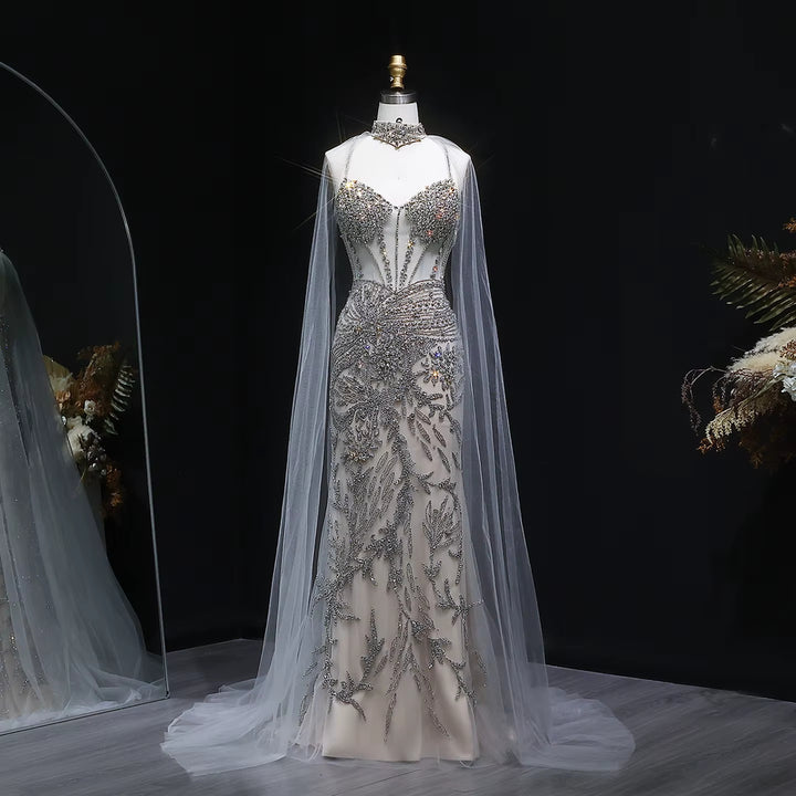 Elegant Champagne Evening Dress with Flowing Cape SS071