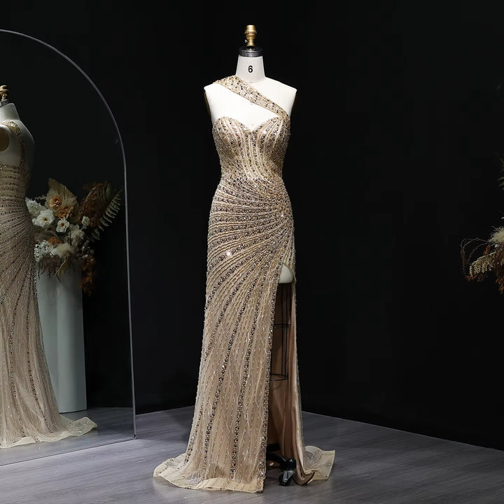 Glamorous Champagne Crystal Evening Dress with High Slit SS084
